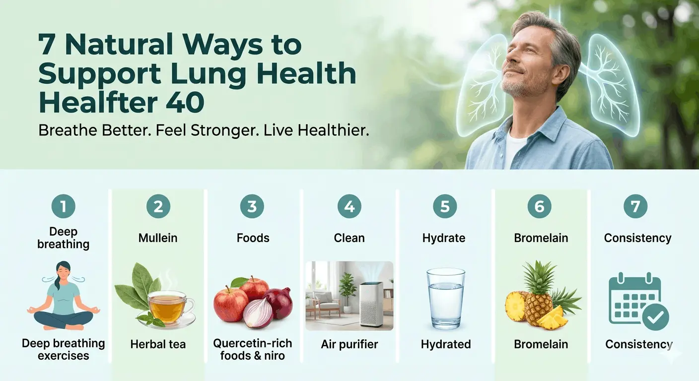 7 Natural Ways to Support Lung Health After 40 - Deep Breathing, Mullein, Quercetin, Clean Air, Hydration, Bromelain, Consistency