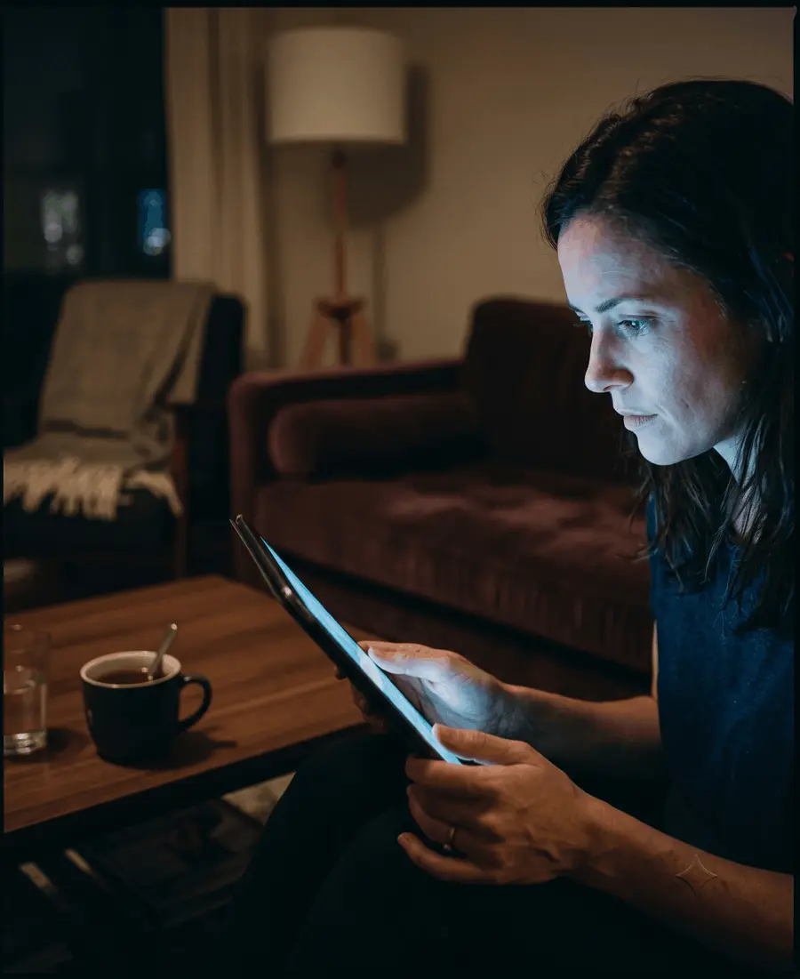 Person researching late at night, lit by tablet screen glow in a dim living room