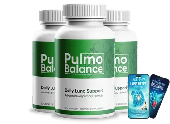 Three bottles of Pulmo Balance daily lung support capsules with the two free bonus guides